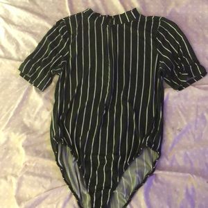 Green and white striped body suit